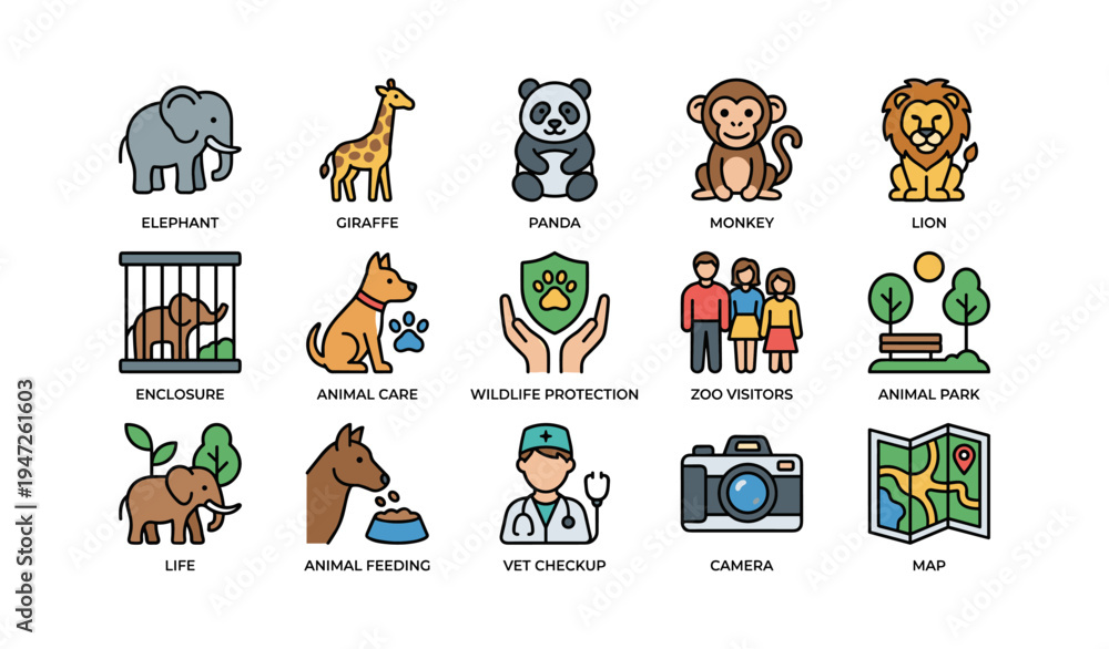 Obraz premium Colorful animal and zoo icons featuring wildlife and park visit elements