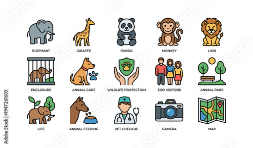 Colorful animal and zoo icons featuring wildlife and park visit elements