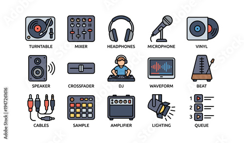Music equipment icons: turntable, mixer, headphones, microphone, vinyl, dj, beat, lighting