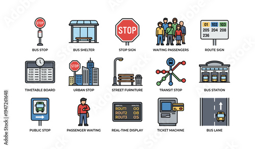 Urban transportation icons: bus stops, waiting passengers, route signs, ticket machines
