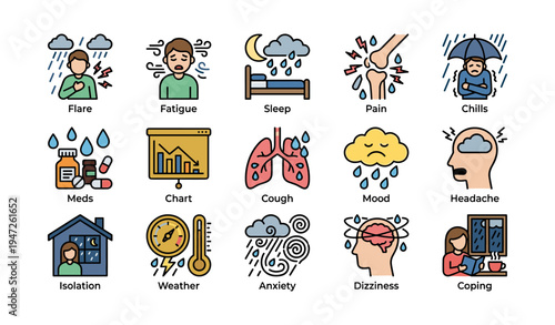 Illustrated health icons depicting symptoms and conditions