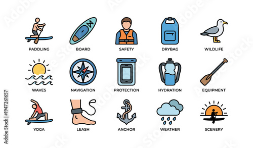 Illustrated symbols of paddleboarding and outdoor activities