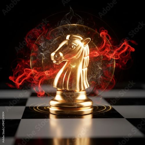 Glowing golden chess knight repelling fiery red smoke with a forcefield, a powerful visual metaphor for intelligence overpowering emotion.