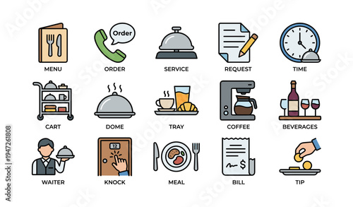 Restaurant icons: menu, order, service, request, time, meal, coffee, bill, waiter
