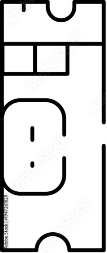 Outline drawing of a vertical admission ticket with a perforated section and a unique identifier, conceptualizing event entry, entertainment, and prize draws
