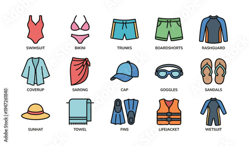 Colorful beach and swimwear icons featuring various clothing and accessories