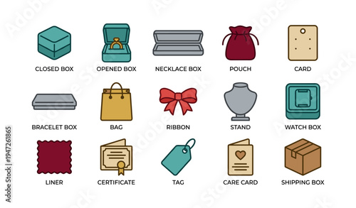 Jewelry packaging icons: boxes, pouch, bag, ribbon, stand, certificate, tag, card