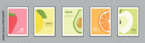 Collection of colorful summer posters, templates, backgrounds placards, brochures, banners, flyers and etc. Bright fruits artwork covers. Vibrant tropical cards