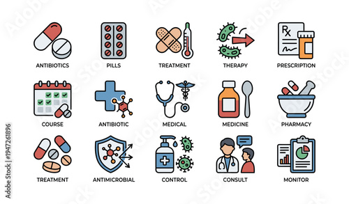 Medical icons set: antibiotics, treatment, therapy, prescription, pharmacy concepts illustrated