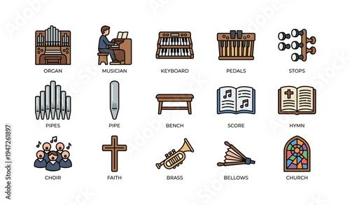 Church organ elements and accessories with musician and instruments