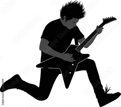 Black silhouette of a male rock guitarist jumping in mid air playing electric guitar isolated on white background for music poster and concert design