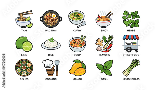 Thai cuisine elements: pad thai, curry, herbs, lime, mango, dishes, flavors