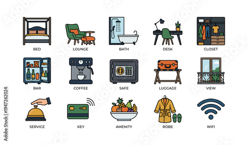 Hotel room essentials: furniture, amenities, and services icons collection