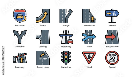 Traffic sign icons: entrance, merge, motorway, yield, speed, flow