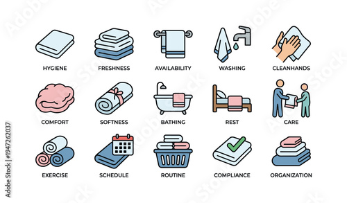 Everyday hygiene and cleanliness icons representing routines and household essentials
