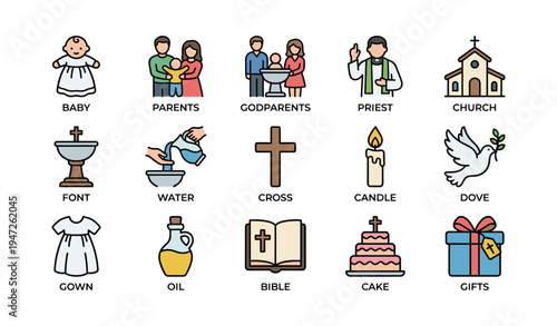Baptism icons: baby, parents, godparents, priest, church symbols