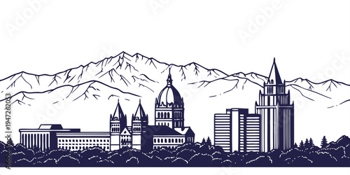 USA, US, U.S, United States - Salt Lake City skyline with mountain backdrop monochrome panorama black and white