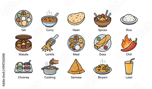 Illustrated indian cuisine icons featuring popular dishes and ingredients