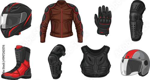 Motorcycle, gear, helmet, jacket, gloves, boots, armor, protection, biker, riding, safety, equipment, motorbike, protective, racing, apparel, illustration, icons, collection, set