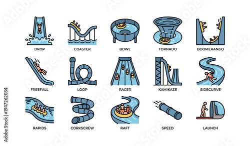 Water park icons: drop, coaster, bowl, tornado, boomerango, freefall, loop, racer, kamikaze, sidecurve