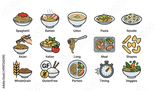 Assorted icon set of noodles and pasta with cuisines and dietary options