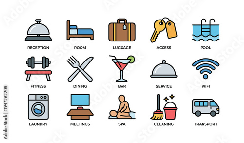 Hospitality and travel icons: reception, room, luggage, access, pool, fitness, dining, bar, service