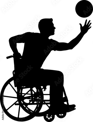 Black silhouette of disabled male athlete in wheelchair playing basketball throwing ball isolated on white background for paralympic sports and disability inclusion design