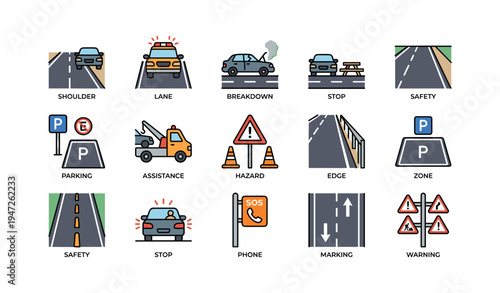 Road symbols: safety, parking, assistance, warning, marking, breakdown, hazard