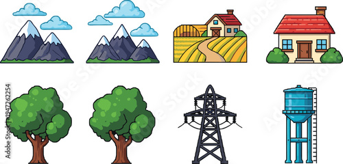 Nature, landscape, mountains, farm, house, trees, electricity, tower, watertank, rural, environment, countryside, agriculture, infrastructure, scenery, illustration, icons, collection, elements, set