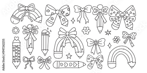 Colorful illustration of bows pencils stars and a rainbow for kids