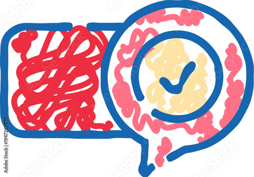 Concept illustration showing messy tangled lines representing complicated problems and thoughts becoming organized and clear, marked with a logical checkmark symbol in a speech bubble