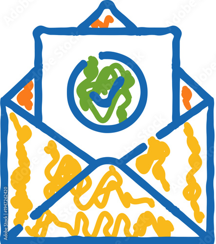 Envelope receiving a new message or mail with a green checkmark inside a blue circle, symbolizing approval, confirmation, and successful communication, presented in a hand drawn doodle style