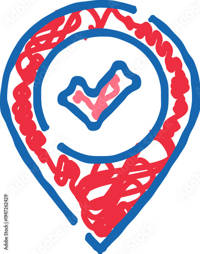 Hand drawn location pin with check mark, indicating a confirmed destination or successful tracking on a map, simple sketch style navigation icon for apps and travel