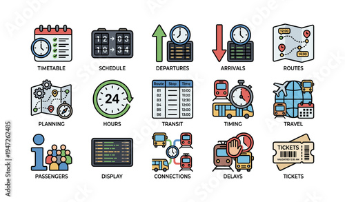 Colorful transportation icons illustrating scheduling and timetable concepts