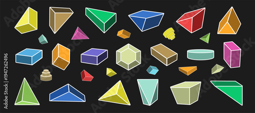 Collection of isometric colorful abstract 3D shapes. Minimal geometric three dimensional vector forms isolated on black background for business design, presentation layouts, web and creative projects