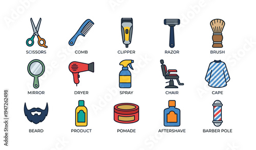 Barber tools icons: scissors, comb, clipper, razor, brush, mirror, dryer, spray, chair, cape