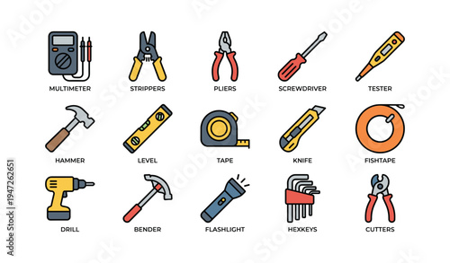 Collection of essential hand tools for electrical and carpentry work
