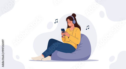 Woman Listening Music on Phone with Headphones, Sitting on Bean Bag Chair