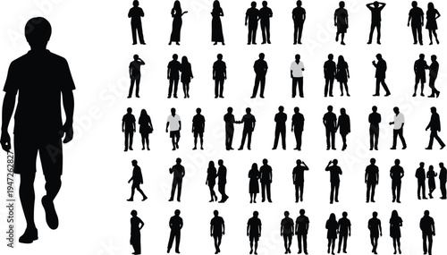 People, silhouettes, collection, walking, standing, crowd, men, women, social, lifestyle, character, figures, isolated, black, human, poses, group, set, communication, interaction