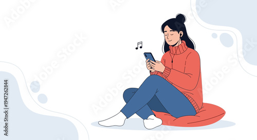 Woman listening to music on phone, relaxing on cushion, enjoying leisure time