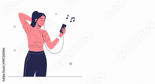 Woman listening to music on smartphone with headphones, enjoying melody, abstract background