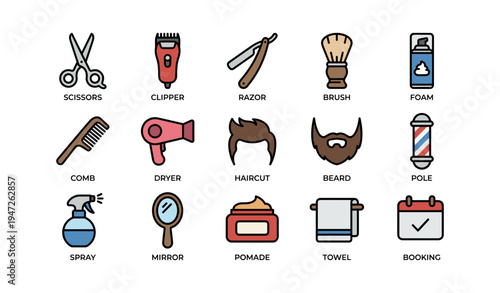 Barber tools and accessories icons set for hair grooming