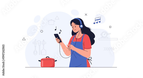 Woman Listening to Music While Cooking, Enjoying Kitchen Time