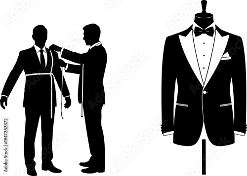 Black silhouette of tailor measuring man for custom suit and tuxedo on mannequin isolated on white background for fashion design, boutique and garment craftsmanship