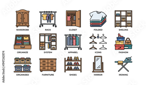 Wardrobe organization icons: closet, apparel, hangers, shoes, mirror, ironing board