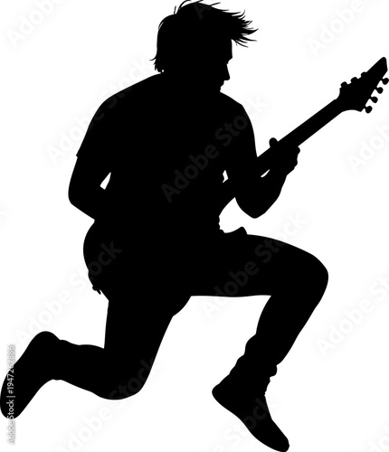 Black silhouette of male guitarist jumping in air playing electric guitar isolated on white background for rock music poster design and concert promotion