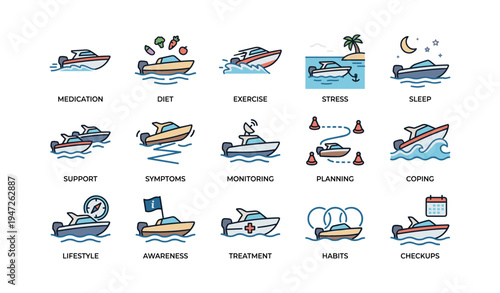 Boats illustrating health and wellness concepts including diet, exercise, and sleep