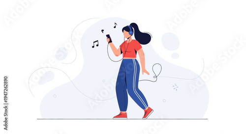 Woman Listening to Music with Headphones and Smartphone, Walking