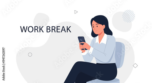 Woman on Work Break Using Smartphone, Minimalist Office Illustration