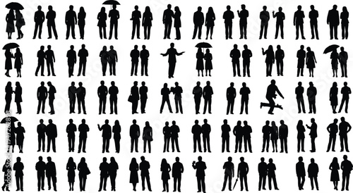 People, silhouettes, couples, group, standing, walking, social, interaction, men, women, lifestyle, relationship, communication, crowd, figures, characters, collection, isolated, togetherness, set